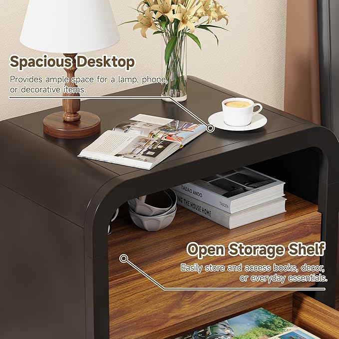 HOCAT 24" Black Modern Nightstand Set of 2, Bedside Table with Curved Anti-Collision Design, Large Night Stand with 2 Storage Drawers and Open Wood Shelf for Bedroom, Farmhouse Side Table, End Table