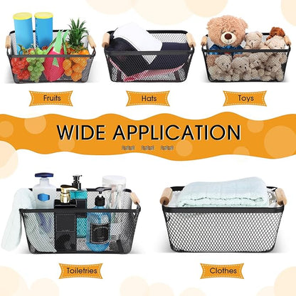 Maxcheck 6 Pack 3 Size Metal Wire Baskets with Wooden Handles Black Steel Mesh Storage Dog Toys Bins Organizer Containers for Home Pet Toys Storage Cabinets Pantry Closet Kitchen Makeup Rectangle