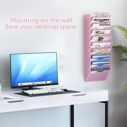 EasyPAG 10 Pocket Mesh Wall File Organizer, Hanging Paper Folder Holder with Classify Label, Vertical Wall Mount Mail Organizer for Office Home Classroom, Pink