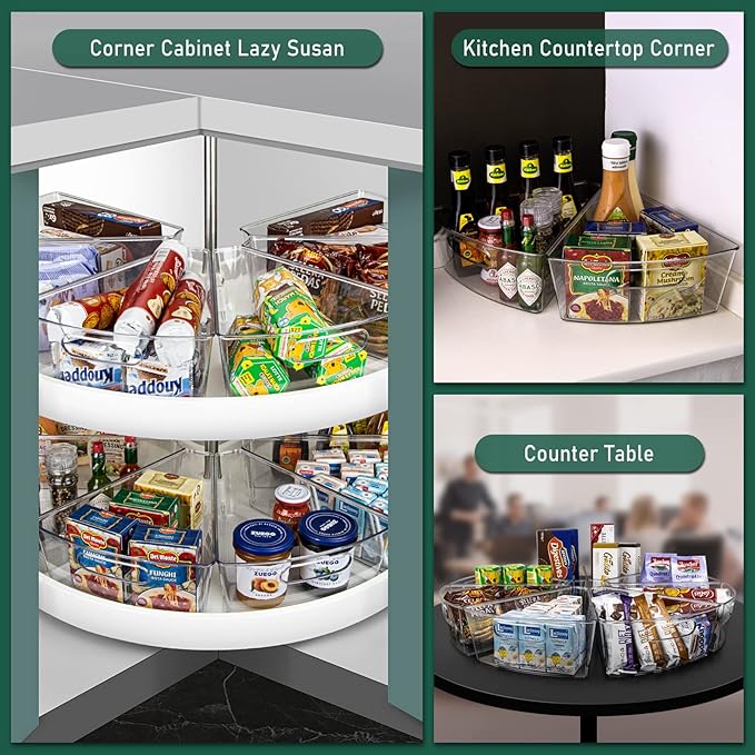 Lazy Susan Cabinet Organizer Bins for 26"/ 28"/ 32" Diameter Corner Organizer, Plastic Cabinet Storage Bin, 1/8 Wedge - Food Safe, BPA Free, with Non-Slip Pads (for 32" Diameter, 8 Pack)