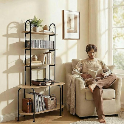 5-Tier CD Storage Rack, Record Player Stand with Storage, DVD Organizer Shelf with Adjustable Book Stoppers, Media Storage Rack for CD/DVD, Books, Games, for Living Room, Bedroom, Home Office, Natural