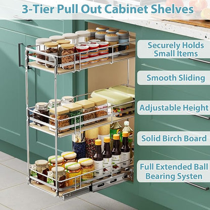 Pull Out Spice Rack Cabinet Organizer 9" W x 20½" D, 3 Tier Heavy Duty Slide Out Wood Shelf for Narrow Cabinet, Pull Out Storage for Kitchen