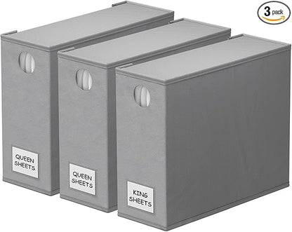 SpaceAid 3 Pack Bed Sheet Organizers and Storage, Foldable Sheet Organizer for Linen Closet, Sheets Set Folder Keeper with Window XL (Queen & King Size) Bedding Container (Gray, 3 Pack)