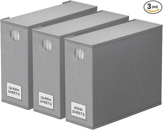 SpaceAid 3 Pack Bed Sheet Organizers and Storage, Foldable Sheet Organizer for Linen Closet, Sheets Set Folder Keeper with Window XL (Queen & King Size) Bedding Container (Gray, 3 Pack)