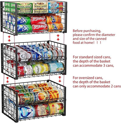 JKsmart 2-Tier Stackable Rack Organizer for Pantry, Adjustable Dispenser Holds Up to 90 Cans, Storage Holder for Various Ounces of Canned Drinks, Black, 3 Pack