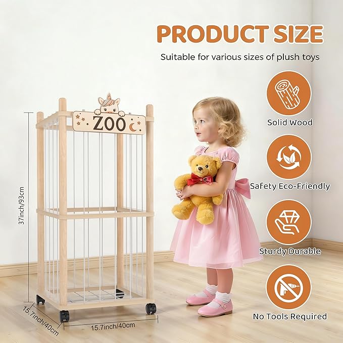2 Tier Stuffed Animal Storage Zoo Tower,56In Wooden Large Stuffed Animal Holder Organizer with Wheels,Stuffy Plushies Storage with Elastic Band&Mesh Bottom,Toy Storage Organizers for Playroom Nursery