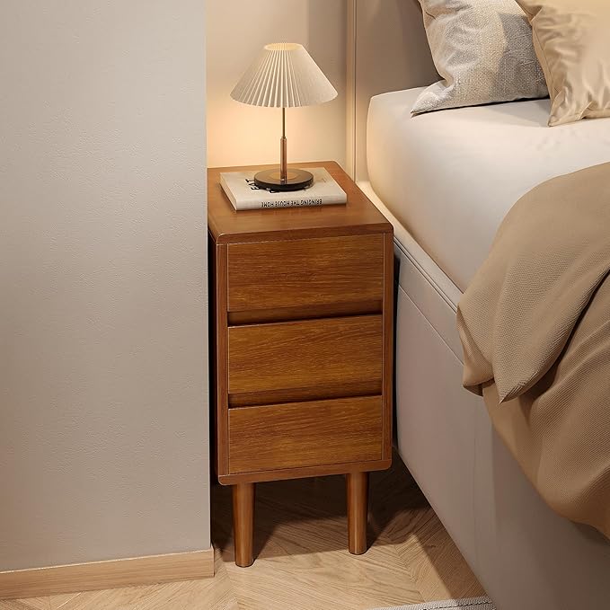 Nightstand with 3 Drawers Narrow Night Stand Solid Wood Bedside Table Mid Century Modern Nightstand Wooden End Table for Bedroom, Living Room, Study, Office