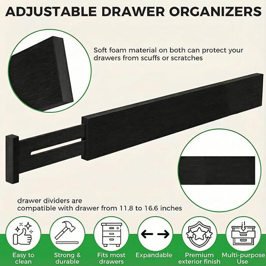 4 Pack Bamboo Kitchen Drawer Dividers 2.6" High, Adjustable from 12 Inch to 17 Inch Drawer Organizers, Expandable Drawer Separators for Clothes, Bedroom, Dresser, Office (Black)
