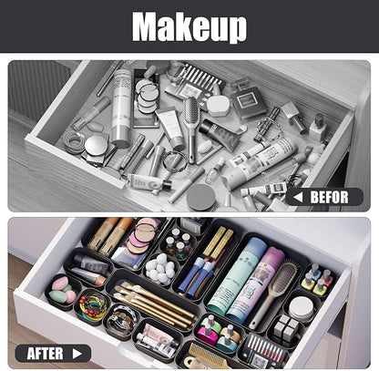 Homhut Plastic Drawer Organizers, 28 PCS Drawer Organizer Bins, Bathroom and Vanity Organizer Plastic Tray, Makeup organizer and storage for Makeup, Bedroom, Kitchen Gadgets Utensils and Office