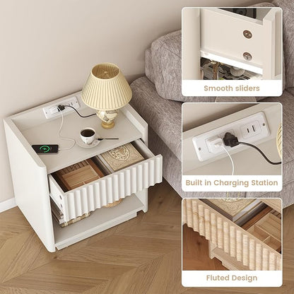 Bigbiglife Fluted Nightstand Set of 2 with Charging Station, 22" Modern Side Table with Drawer End Table with Open Storage, Bedside Table for Bedroom, Living Room, Natural Oak (2, Off White)