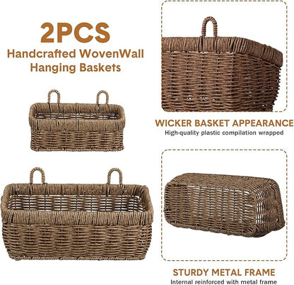 Tioncy 2 Pcs Woven Hanging Wall Baskets for Storage Boho Style Hanging Storage Plastic Woven Baskets with 4 Hooks for Kitchen Garden Living Room(Brown,Sea Grass)
