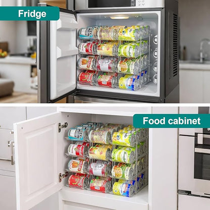 cjc Can Organizer for Pantry, Can Organizer for Fridge, Holds 48 Cans Clear Stackable, Soda Pantry Organizers and Storage Auto-Rolling & Free Combination for Countertop Kitchen Cabinet 3 Sets 4 Tiers