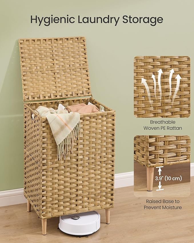 SONGMICS Laundry Hamper with Lid, PE Rattan Laundry Basket with Removable Liner, Storage Basket for Bedroom Living Room, 2-Section Sorter, 29 Gallons (110 L), Goose Yellow ULCB222YE01