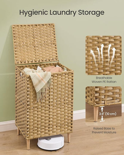 SONGMICS Laundry Hamper with Lid, PE Rattan Laundry Basket with Removable Liner, Storage Basket for Bedroom Living Room, 2-Section Sorter, 29 Gallons (110 L), Goose Yellow ULCB222YE01