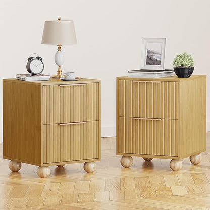 HOCAT Fluted Nightstand Set of 2, Natural Oak Finish Bedside Table with Spacious Storage Drawers, Night Stand with Solid Wood Round Legs for Bedroom, End Table, Side Table