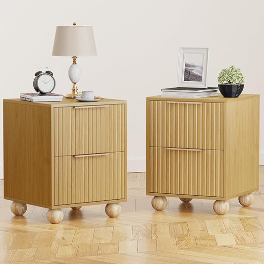 HOCAT Fluted Nightstand Set of 2, Natural Oak Finish Bedside Table with Spacious Storage Drawers, Night Stand with Solid Wood Round Legs for Bedroom, End Table, Side Table
