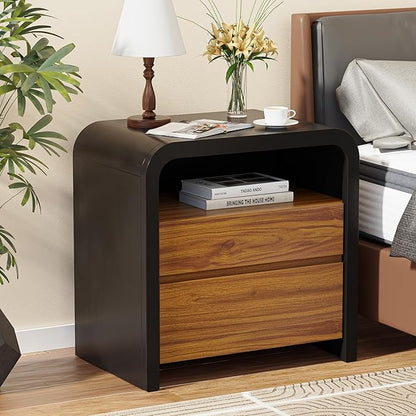 HOCAT 24 inches Black Modern Nightstand, Bedside Table with Curved Anti-Collision Design, Large Night Stand with 2 Storage Drawers and Open Wood Shelf for Bedroom, Farmhouse Side Table, End Table