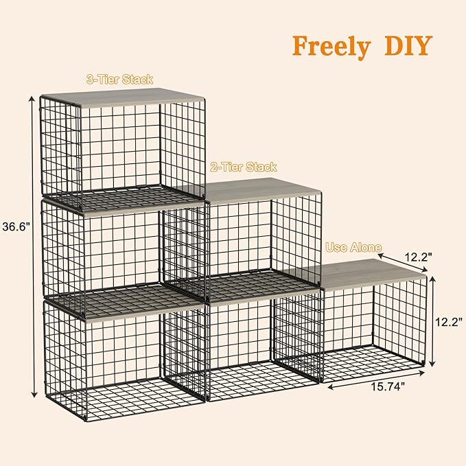Wider Stackable Closet Organizers and Storage with Wood Top, 3 Pack Closet Shelf Organizer, Double Storage Design, Clothes Storage Cube/Bins Organizer for Wardrobe, Space-Saving, Black,Sturdy,Metal