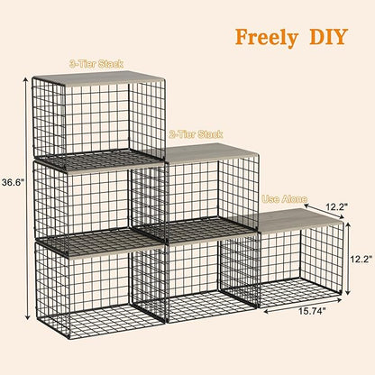 Wider Stackable Closet Organizers and Storage with Wood Top, 3 Pack Closet Shelf Organizer, Double Storage Design, Clothes Storage Cube/Bins Organizer for Wardrobe, Space-Saving, Black,Sturdy,Metal