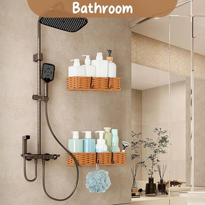 Hanging Wall Basket, Adhesive Wall-Mounted Organizer for Storage, 2-Pack Plastic Wicker Woven Storage Shelves for Kitchen Cabinets, Bathroom, Pantry, Brown Color