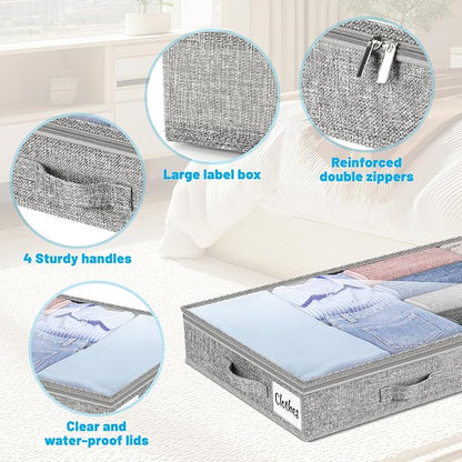 4 Inch Low Profile Under Bed Storage Drawer 4 Pack, Lightweight Underbed Clothes Storage Container Bins with NO STURCTURE, Shallow Storage Bag for Dorm & Home, With Clear Lids & Water-Resistant Fabric