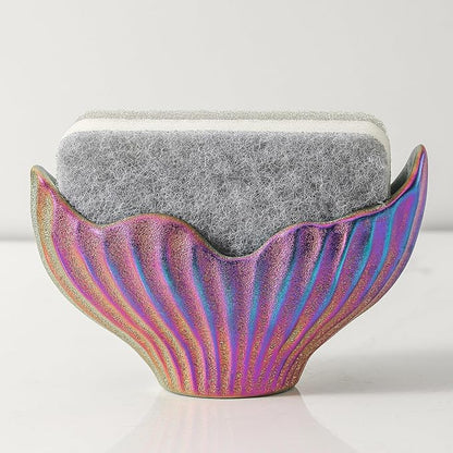Uiddo Sponge Holder for Kitchen Sink, Ceramic Dish Sponge Holder with Fishtail Design, Sink Caddy Organizer for Countertop, Farmhouse Kitchen Decor, Compact Counter Dish Caddy (Rainbow)
