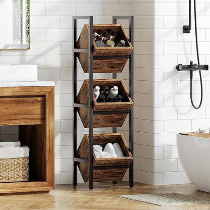 LITTLE TREE 3-Tier Basket Stand, Wooden Floor Stand Shelving Unit, Rustic Standing Organizer Storage Rack for Kitchen, Bathroom, Living Room (2, Rustic Brown)