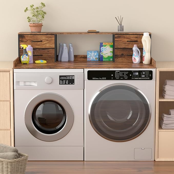Washer and Dryer Countertop, 27.5" D x 53.9" W x 12.9" H Solid Wood Washer Dryer Countertop with Organizer Shelves with Four Drawers for Laundry Room Organization (Rustic Brown)