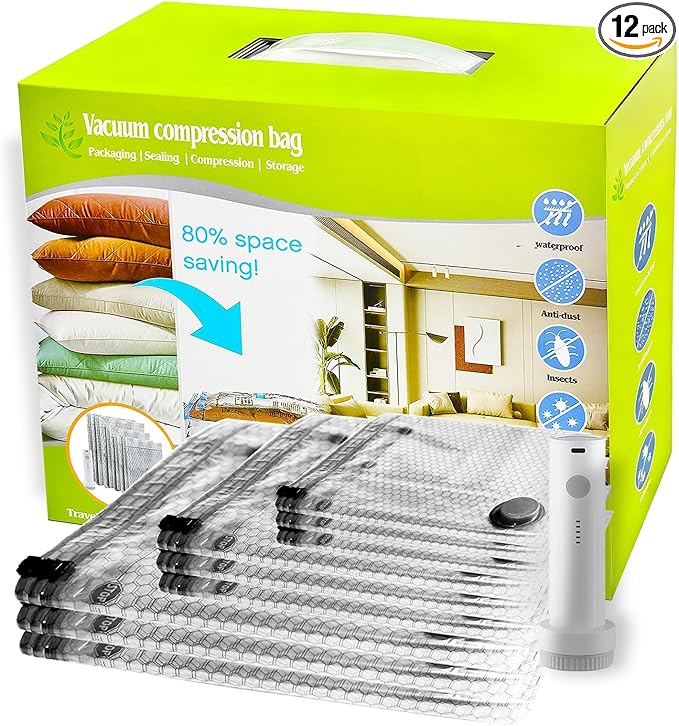 Lazyfeel 12-Pack Vacuum Travel Storage Bags with Electric Pump, Space Saver Compression Bags for Suitcases & Home Storage, 3 Sizes for Clothes, Quilts & Travel, Portable USB Rechargeable Pump