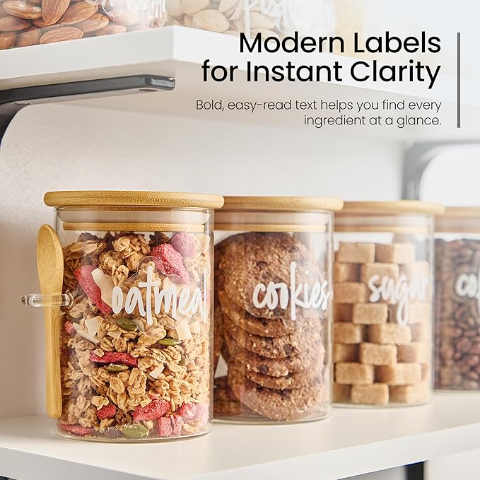Talented Kitchen Glass Food Storage Containers with Lids - 4-Pack 17 oz Glass - Stackable Kitchen Jars for Pantry, Spice Jars & Coffee Containers for Countertop - Attached Spoons & 157 Labels