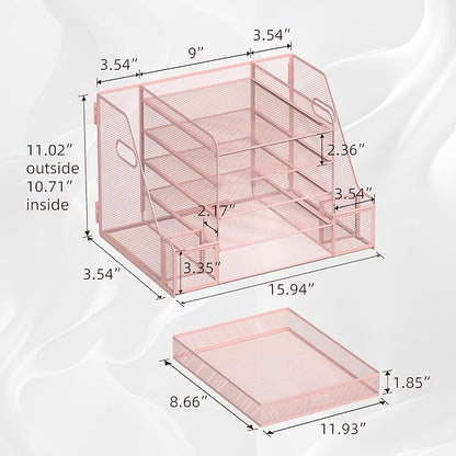 SUPEASY Mesh Desk Organizer with File Holder, 5-Tier Paper Letter Tray Organizer with Magazine Holder, Desktop Organizer and Storage with Drawer for Office Supplies Home or School (Pink)