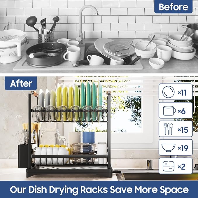 PXYHMUS 2-Tier Large Dish Drying Rack for Kitchen Counter with Drainboard and Cutlery Holder, 2 Tier Dish Drying Rack, Black,16.54" D x 11.81" W x 17.71" H
