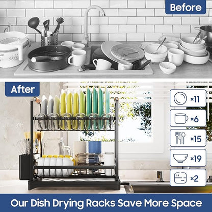 PXYHMUS 2-Tier Large Dish Drying Rack for Kitchen Counter with Drainboard and Cutlery Holder, 2 Tier Dish Drying Rack, Black,16.54" D x 11.81" W x 17.71" H
