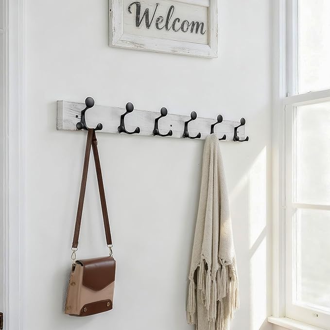 SKOLOO 36-Inch Wood Coat Rack Wall Mount with 6 Triple Hooks - Ideal for Family Entrances, Classrooms, and Pet Supplies Storage - Perfect Coat Hooks for Wall,Distressed White Wash, Pack of 2