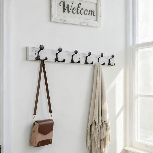 SKOLOO 36-Inch Wood Coat Rack Wall Mount with 6 Triple Hooks - Ideal for Family Entrances, Classrooms, and Pet Supplies Storage - Perfect Coat Hooks for Wall,Distressed White Wash, Pack of 2