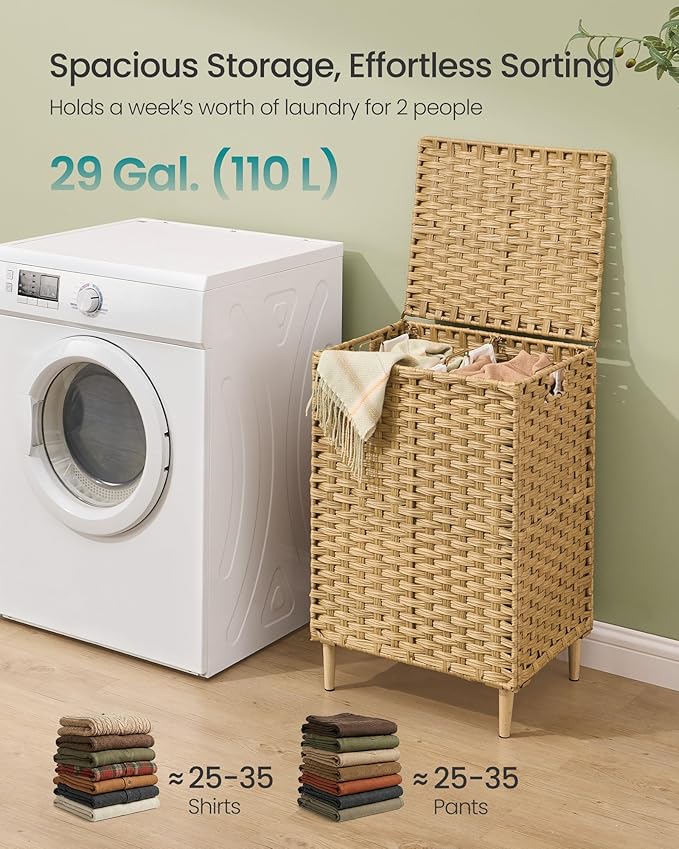 SONGMICS Laundry Hamper with Lid, PE Rattan Laundry Basket with Removable Liner, Storage Basket for Bedroom Living Room, 2-Section Sorter, 29 Gallons (110 L), Goose Yellow ULCB222YE01
