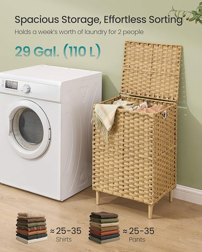 SONGMICS Laundry Hamper with Lid, PE Rattan Laundry Basket with Removable Liner, Storage Basket for Bedroom Living Room, 2-Section Sorter, 29 Gallons (110 L), Goose Yellow ULCB222YE01