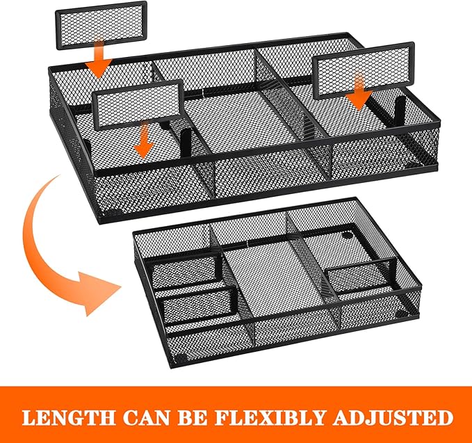 4 Pack Desk Drawer Organizer Tray Set - Black Metal Mesh Desk Drawer Organizers and Accessories with Adjustable Dividers for Office Supplies Storage