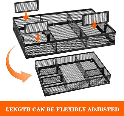 4 Pack Desk Drawer Organizer Tray Set - Black Metal Mesh Desk Drawer Organizers and Accessories with Adjustable Dividers for Office Supplies Storage
