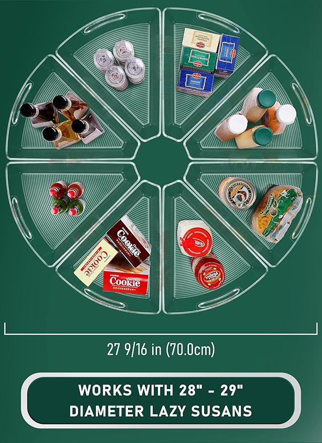 Lazy Susan Cabinet Organizer Bins for 26"/ 28"/ 32" Diameter Corner Organizer, Plastic Cabinet Storage Bin, 1/8 Wedge - Food Safe, BPA Free, with Non-Slip Pads (for 28" Diameter, 8 Pack)