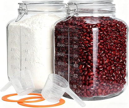 2 Pack 1.1 Gallon Square Super Wide Mouth, Airtight Glass Storage Jars, with Measurement Marks, Leak-Proof Lids for Kitchen Pantry, Canning, Dry Food (Flour, Sugar) & Drinks