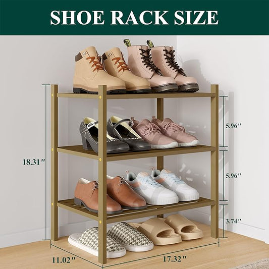 Smiry Small Bamboo Shoe Rack 3-Tier, Stackable Wooden Shoe Organizer for Entryway & Closet, Free Standing Wood Shoe Storage Shelf for Front Door & Small Spaces, Walnut