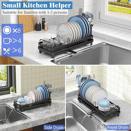 CHLORYARD Small Dish Drying Rack, Compact Sink Dish Drainer Plate Rack Organizer with Utensil Holder and Drainbaord for Kitchen Counter, RVs, Apartments