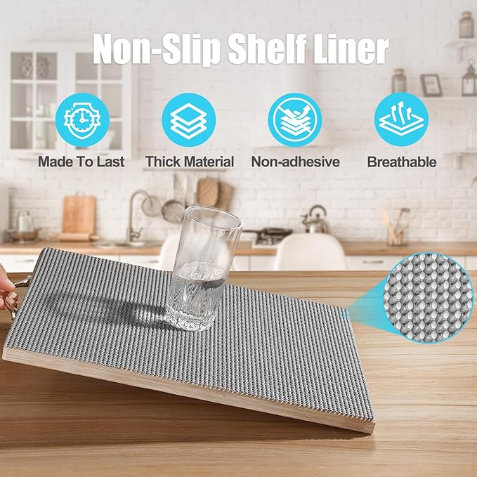 Songrey Non-Adhesive Drawer and Shelf Liner, Non Slip Cabinet Liners, Protect Kitchen Cupboard, Bathroom Drawers, Breathable, Thick Strong Grip mat (12IN x 10FT, Dark Gray)