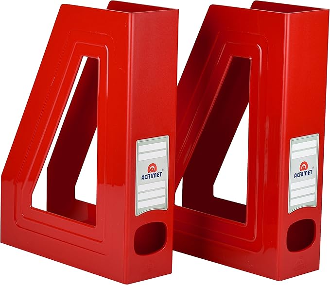 Acrimet Magazine File Holder – Vertical Rack for Documents, Folders and Mail, Durable Plastic Desk Organizer for Office & Home, Solid Red (2 Pack)