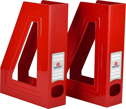 Acrimet Magazine File Holder – Vertical Rack for Documents, Folders and Mail, Durable Plastic Desk Organizer for Office & Home, Solid Red (2 Pack)