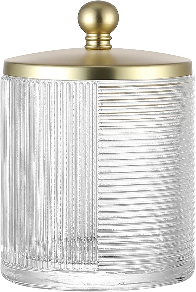 Indecor Home Clear Transparent Apothecary Ribbed Geometric Etched Glass Jar W/Gold Lid Cover for Bathroom Organization, Cotton Balls, Q Tips, and Small Accessories, Bathroom Storage