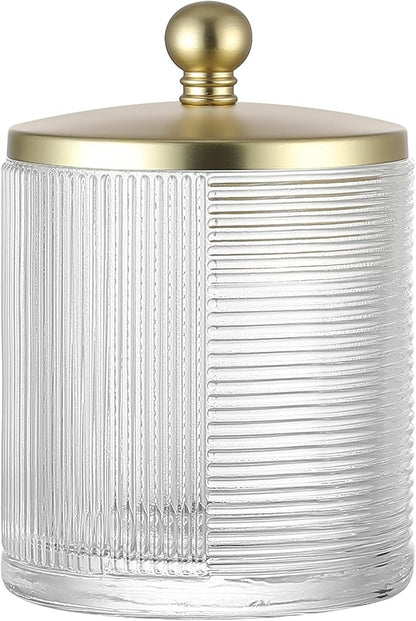 Indecor Home Clear Transparent Apothecary Ribbed Geometric Etched Glass Jar W/Gold Lid Cover for Bathroom Organization, Cotton Balls, Q Tips, and Small Accessories, Bathroom Storage