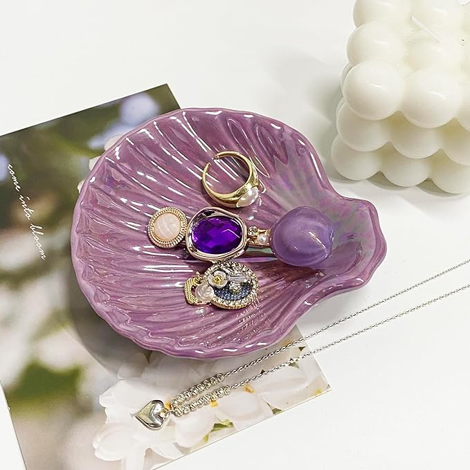 Shell Jewelry Ring Holder Dish, Seashell Jewelry Dish Tray, Ceramic Jewelry Plate Bowl, Engagement Trinket Dish, Wedding Birthday Mother's Day Christmas Gift for Women, 3.9", Purple Iridescent Surface