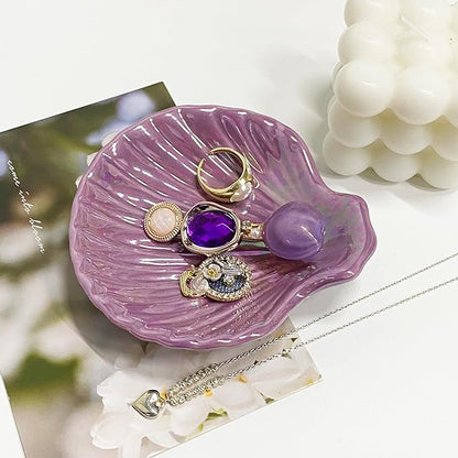 Shell Jewelry Ring Holder Dish, Seashell Jewelry Dish Tray, Ceramic Jewelry Plate Bowl, Engagement Trinket Dish, Wedding Birthday Mother's Day Christmas Gift for Women, 3.9", Purple Iridescent Surface